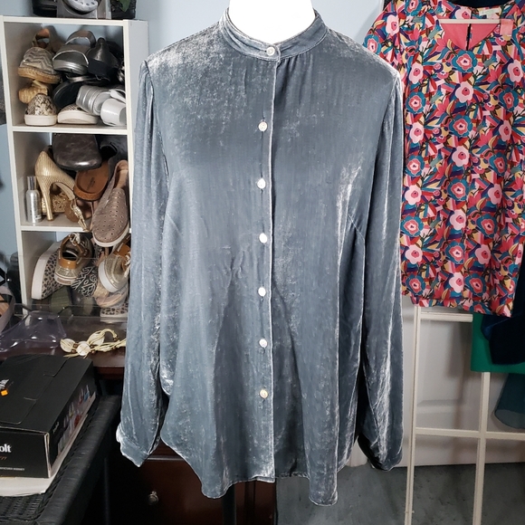J.Jill Velvet Mockneck Band Collar Buttondown Women's Shirt Top Lux Silk S - Picture 5 of 13